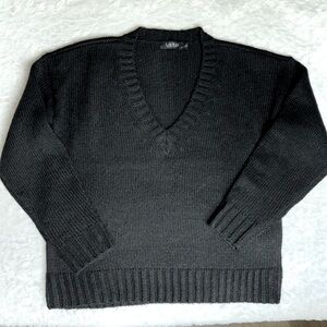 LAUREN RALPH LAUREN 90’s Metallic V Neck Sweater Women s Oversized Black V-Neck